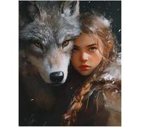 Kit Punto De Cruz Con Hilos Y Tela Impresa, Lobo Y Niñas 40X50Cm 14Ct Cuadros En Cross Stitch Embroidery Bordar Punto De Cruz Kit Bordado Completo Esquemas Para Principiantes Patrones Contad