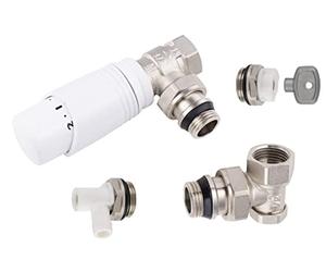 Kit raccordement radiateur 15x21 (1/2) robinet equerre + coude de réglage + robinet de vidange eau + bouchon purgeur air + tête thermostatique filetage standard M30x150 blanche NOYON & THIEBAULT