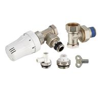 Kit complet de radiateur thermostatique comprenant 1 robinet thermostatique équerre mâle M1/2' (15x21) + coude de réglage mâle M1/2' + 1 robinet de vidange à bec orientable M1/2' + 1 bouchon purgeur à bec orientable M1/2' + 1 clé à carré de 5 - 803569
