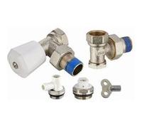 Kit radiateur : 1 robinet manuel équerre mâle M1/2' (15x21) + coude de réglage mâle M1/2' + 1 robinet de vidange à bec orientable M1/2' + 1 bouchon purgeur à bec orientable M1/2' + 1 clé à carré de 5 