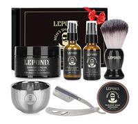 Kit Rasage Homme, Inclus Rasoir Coupe Choux, Pâte à Raser de Santal, Huile Avant Rasage, Baume Apres Rasage, Brosse à Raser, Bol à Raser, Savon Raser, Coffret Cadeau Homme
