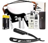 Kit Rasoir barbe homme/coupe choux barbe - avec 50 Lames Simples + Peigne guide + Gel de rasage transparent 80ml + Après rasage 30ml + Stick d'alun + Grand sac -NOIR- BARBER TOOLS