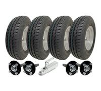 Kit remorque double essieu 145R10: 4 pneus Wanda WR068 sur jantes acier 3,50x10, moyeux et fusées haute vitesse, attelage acier pressé, E-Mark