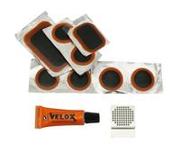 Kit réparation chambre à air city-vtc-VTT 6 patch 25mm + 1 patch 34x24mm + 1 patch 50x30mm + colle 5g + rape acier avec notice jarre de 50 kits Velox Noir