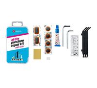 Kit réparation chambre à air VTT avec outils - boîte 4 patchs 18mm + 2 patchs 28x18mm + colle 5g + papier ponce + craie + 3 demontes pneus + 2 cles allen 5 et 6 mm avec notice Weldtite Noir
