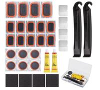 Kit Réparation Pneu Velo avec 20 Rustine Multi-Tailles, 2 Colle Rustine, 2 Demonte Pneu, 4 Lime Métallique et 4 Papier Abrasif, Étui Portable pour Réparer Chambres à Air de Vélo, Moto et Trottinette