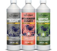Kit réservoir de camping 3 pièces : Liquide sanitaire bio 1 l + additif pour réservoir d'eau grise 1 l + additif pour eau de rinçage 1 l | Nettoyant puissant pour réservoir pour lutter efficacement co