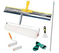 Kit rouleau de purge professionnel avec revêtement de sol - Raclette debout de 56 cm - Rouleau de purge de 50 cm - Spatule en acier inoxydable - 2 chaussures à clous de 30 mm - Barre télescopique / 80