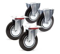 Wiltec Kit de 4 Roulettes - Ø 200 mm - Capacité 150 kg - 2x Roulette pivotante, 2 x Roulette fixe - Roue en caoutchouc avec Plaque de montage Jante métallique - Dispositif de transport, diable