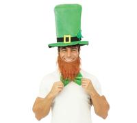 P'TIT CLOWN - 73200 - Chapeau Haut de Forme St Patrick avec Barbe Rousse - Accessoires de Déguisement parfait pour les Évènements sur le Thème de l'Irlande - Adulte, Hommes - Polyester - Vert, Rouge
