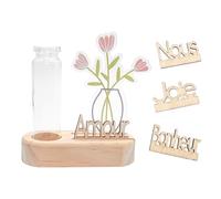 Kit Socle en Bois Naturel et fiole en Verre - Fleurs Acrylique + 4 Mots Bois - 8,5 x 1,7 x 3,6 cm - Mini Vase, Petit Bouquet Fleurs artificiels, Cadeaux, Offrir, Original, Sympa, Esprit bohème