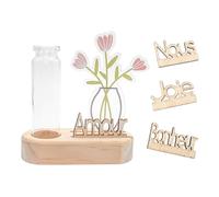 Kit socle en bois naturel et fiole en verre - fleurs acrylique + 4 mots bois - 8,5 x 1,7 x 3,6 cm - vase soliflore
