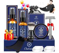 Kit Soins Barbe Homm, Coffret Cadeau Rasage Homme Complet -Produit Barbe Professionnel avec Huile Barbe, Mousse a Raser, Apres Rasage, Rasoir de Sureté, Blaireau Rasage, Peigne Pochoir, Bavoir, Lames