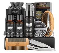 Kit Soins Barbe Homme - Entretien et Soin Coffret Cadeau Pousse Barbe Complet avec Huile Barbe - Brosse - Peigne - Shampooing - Baume et Ciseaux Barbe, Coffret Cadeaux Anniversaire Noël pour Homme