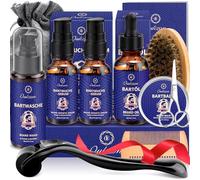 Kit Soins Barbe pour Hommes, Coffret Barbe Complet pour l'anniversaire, Noël -Produit Barbe Professionnelle avec Rouleau Barbe, Sérum de croissance de barbe, Shampoing barbe, Huile Barbe,Baume et plus