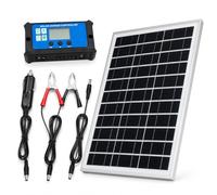 Kit solaire 30 W 12 V avec régulateur LCD et 2 ports USB | Maintien de charge 12 V pour voiture, camping-car, bateau et moto, avec pinces crocodiles et adaptateur allume-cigare