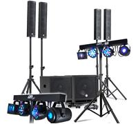 KIT SONO COMPLET 2400W DJ BM SONIC, 4 Enceintes satellites, 2x MEGA SUB 38cm USB/Bluetooth, Câbles, Micros, 2 PORTIQUES LUMIERES