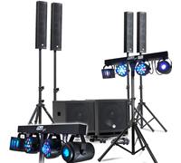 KIT SONO COMPLET 2400W DJ BM SONIC, 4 Enceintes satellites, 2x MEGA SUB 38cm USB/Bluetooth, Câbles, Micros, 2 PORTIQUES LUMIERES