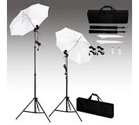 Kit studio photo avec fond 500 x 300 cm, cadre en aluminium réglable, 2 lampes lumière du jour 5500 K, 2 parapluies 84 cm, trépieds réglables en hauteur jusqu'à 230 cm