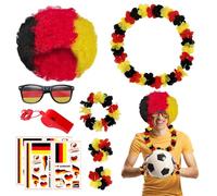 Kit Supporter Allemagne, Kit Supporter de 7 Pièces pour 2025 Football Euro avec Lunettes, Siffler, Guirlandes, coiffe, bracelet, Perruque et Autocollants de Tatouage, Kit de Décoration de l'Allemagne