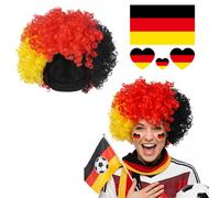 Kit Supporter Allemagne : Perruque Afro Noir Rouge Or et Tatouages Temporaires - Accessoires Idéaux pour Match de Foot, et Événements Sportifs - Set de Déguisement 2 en 1