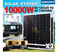 Kit Système Solaire SOECOPO 10000W de Pointe avec 2 Panneaux Solaires 300W DC 12V 24V - Onduleur AC 110V/220V et Contrôleur 100A pour Maison et Camping 220V Solar Set