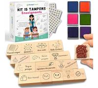 Kit Tampons Enseignants Complet - 15 Tampons Maitresse d’École en Bois, 6 Encreurs Séchage Rapide, 300 Stickers, Ebook - Tampon Motivation, Cadeau Institutrice, Professeur des Écoles