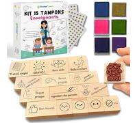 Kit Tampons Enseignants Complet - 15 Tampons Maitresse d’École en Bois de Hêtre, 6 Encreurs Séchage Rapide, 300 Stickers, Ebook - Tampon Motivation, Cadeau Institutrice, Professeur des Écoles