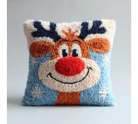 Kit Tapis au Point Noué Noël Coussin 43 cm,Kit de Crochet de Verrouillage avec Toile Pré-Imprimée,DIY Tapisserie à Faire Soi-Même,Coussin Décoratif Fait Main pour Adultes et Enfants(d'élan de Noël)