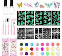 Kit Tatouage Enfant, Kit Maquillage De Tatouage Paillette, 163 Pochoirs, 12 Paillettes De Couleurs, 12 Poudres Brillantes, 2 Stickers Strass, 5 Tatouages Licorne, 5 Pinceaux, 2 Colles Pour Fête