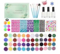 Kit tatouage ephemere enfant, 48 couleurs scintillantes 6 couleurs fluorescentes, 207 pochoirs, 2 autocollants diamants, 3 colles, 5 pinceaux, pour anniversaire fête Noël Halloween