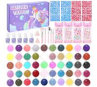 Kit Tatouage Paillettes, 50 Couleurs Imperméable Tatouage Temporaire à Paillettes, 139 Pochoirs, 4 Autocollants, 5 Colles, Coffret Cadeau Garçons Filles pour Anniversaire Carnaval Cosplay Fête