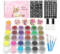 Kit Tatouage Paillettes Enfant ¿ 31 Couleurs Diamant Glitter, 243 Pochoirs, 2 Colles, 1 Pinceau ¿ Tatouages Temporaires Non Toxiques Pour Anniversaire, Carnaval, Noël, Cadeau Filles Garçons[Z1153]