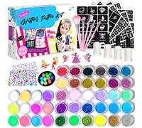 Kit Tatouage Paillettes Enfant Filles, 42 Couleurs (Comprend 12pcs Paillettes Lumineuses) mit 219 Pochoirs 213 Strass-Non-toxique Glitter Tatoo Kit Cadeau Fille pour Anniversaire Carnaval Fête