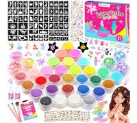 Kit Tatouage Temporaire, Kit Tatouage Paillettes, 180 Pochoir Tatouage, 36 Couleurs Tatouage Enfant, Tatouage Éphémère Imperméable, Cadeau pour Noël, Anniversaire, Jouet Fille 6 7 8 9 10 11 12 Ans