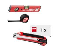 Kit TOX avec cutter, mètre ruban 5 m et niveau à bulle 30 cm, cutter pour moquette avec 2 lames de rechange, mètre ruban en boîtier ABS antichoc, 1 pièce chacun, réf. 09790903.