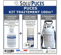 Kit traitement Puces 100m² : 1 flacon Emulsphrine EW+S concentré, 4 Foggers Solu’Puces one-shot et 1 pulvérisateur 5 L