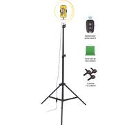 Kit Trépied Photo et Vidéo Movin Photo Pack Studio avec Fond Vert - Anneau Lumineux, Trépied Métallique, Support Smartphone, Déclencheur sans Fil