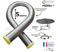 Kit tubage flexible double peau inox diamètre 130 + collier de fixation haute + chapeau Poujoulat Longueur du conduit 5 mètres