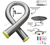 Kit tubage flexible double peau inox diamètre 130 + collier de fixation haute + chapeau Poujoulat Longueur du conduit 1 mètre