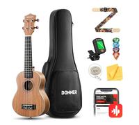 Kit ukulélé concert Donner pour débutants 23 pouces en bois d’acajou avec cours en ligne gratuits, housse, sangle, cordes en nylon, accordeur et médiators, pack bundle ukulélé DUC-200