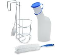 Kit urinoir pour homme (1000 ml), support, brosse pour hommes | 1 litre | 3 pièces | bouteille d'urine PP avec couvercle laiteux, brosse de nettoyage, support de lit/porte-urinoir avec couvercle et