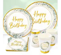 Kit Vaisselle Anniversaire Verte - 96 Pièces Assiette Joyeux Anniversaire Vert Sauge, Assiettes Anniversaire Verte