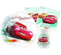 Kit Vaisselle de Fête Disney Cars High Speed pour 8 personnes (36 pcs: 8 assiettes Ø23cm, 8 gobelets, 20 serviettes) en papier FSC compostable