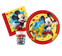 Kit Vaisselle de Fête Disney Mickey Jump into Fun pour 24 personnes (88 pcs: 24 assiettes Ø23cm, 24 gobelets 200ml, 40 serviettes 33x33cm) en papier FSC compostable eco-friendly