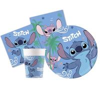 Kit Vaisselle de Fête Disney Stitch & Angel pour 24 Personnes (88 pcs: 24 Assiettes Ø23cm, 24 Assiettes Ø20cm, 24 gobelets 200ml, 40 Serviettes 33x33cm) en Papier FSC, Bleu