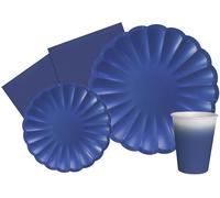 Kit Vaisselle de Fête Flower Shape pour 8 personnes (44 pcs: 8 assiettes Ø23cm, 8 assiettes Ø18cm, 8 gobelets 250ml, 20 serviettes 33x33cm) en papier compostable eco-friendly, bleu