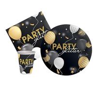 Kit Vaisselle de Fête Glitter Party pour 8 personnes (36 pcs: 8 assiettes Ø23cm, 8 gobelets 250ml, 20 serviettes 33x33cm) en papier compostable eco-friendly
