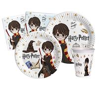Kit Vaisselle de Fête Harry Potter pour 24 personnes (112 pcs: 24 assiettes Ø23cm, 24 assiettes Ø18cm, 24 gobelets 250ml, 40 serviettes 33x33cm) en papier compostable eco-friendly