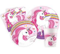 Kit Vaisselle de Fête licorne Unicorn Rainbow Colors pour 24 personnes (112 pcs: 24 assiettes Ø23cm, 24 assiettes Ø20cm, 24 gobelets 200ml, 40 serviettes 33x33cm) en papier FSC